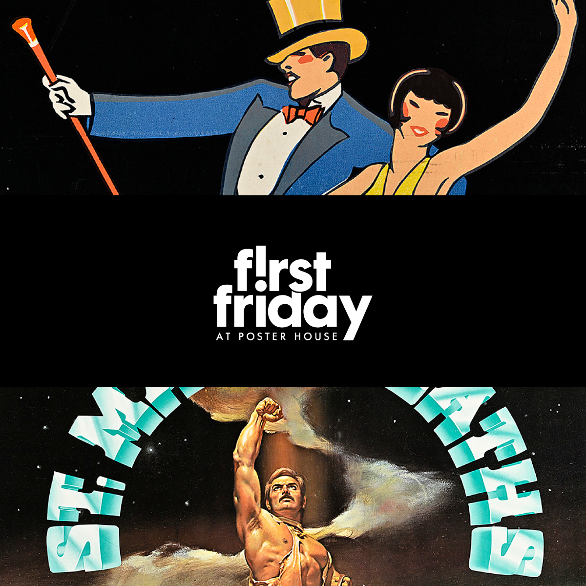 A graphic featuring the First Friday lock-up and three illustrated figures set against a black background.