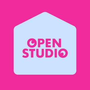 The Open Studio logo in a pale blue and hot pink color way.