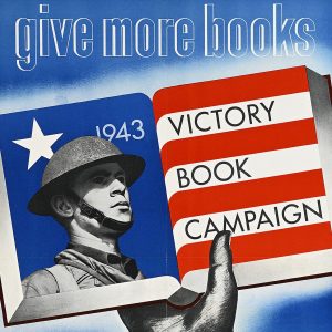 A poster of a hand holding up an open book with a soldier's face on a blue background on the left and red and white stripes on the right.