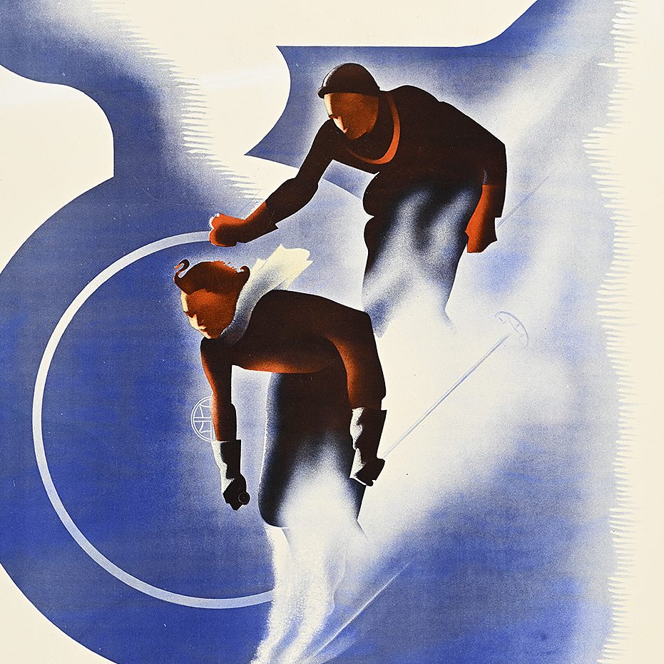 A poster of two figures skiing down at a sharp angle on top of an abstract blue and white shape.