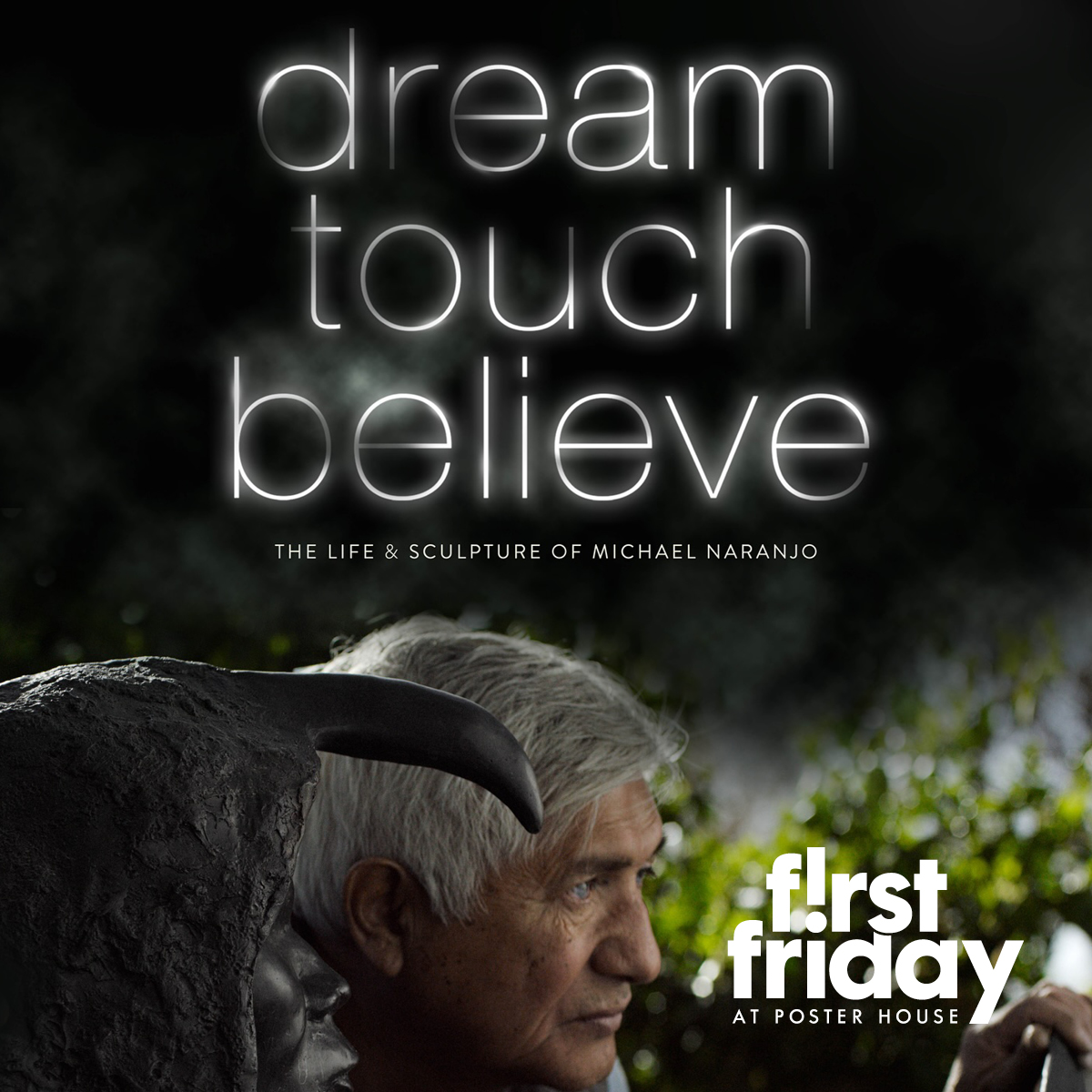 A film poster featuring the side profiles of a man and a sculpture of a person.