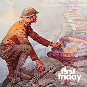 An illustration of a solider standing at the base of a staircase made out of books.