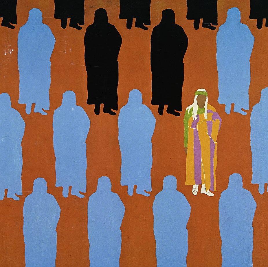 A poster with repeating blue and black silhouette figures arranged in lines on an orange background.