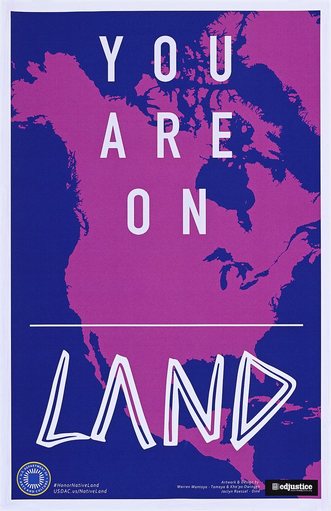 A poster with the continent of America in pink on top of a dark blue background, with white text reading You Are On blank-space land