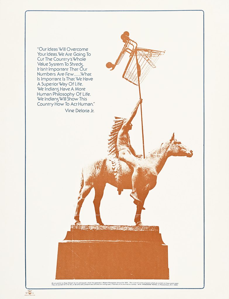 A poster of an indigenous man on a horse lifting a shopping cart above him in orange, with a long quote in blue next to him.