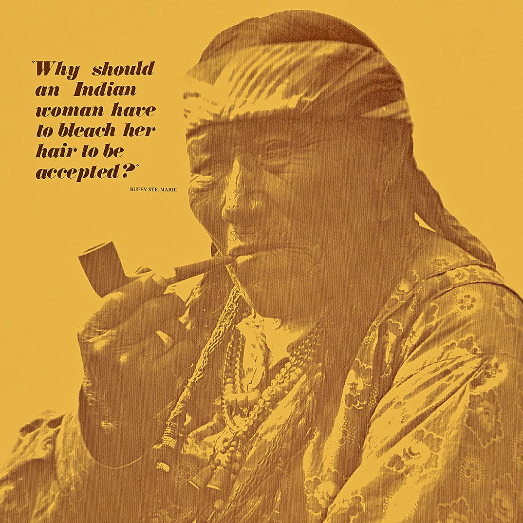 A poster with a photograph of an older Native American woman with braided hair smoking a pipe.