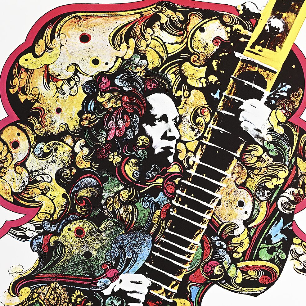 A poster of a psychedelic head made out of instruments and photographs of an Indian musician.
