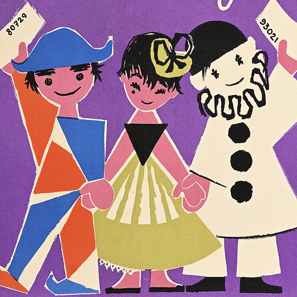 A poster of three cartoon figures holding hands on a purple background.