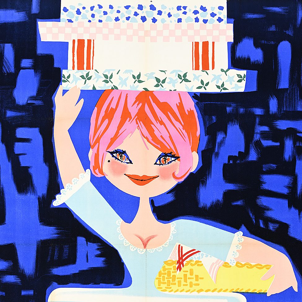 A poster of a cartoon white woman popping out of a washing machine with laundry piled on her head.