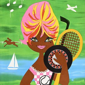 A poster of a cartoon woman with pink hair and a pink gingham dress holding tennis rackets.