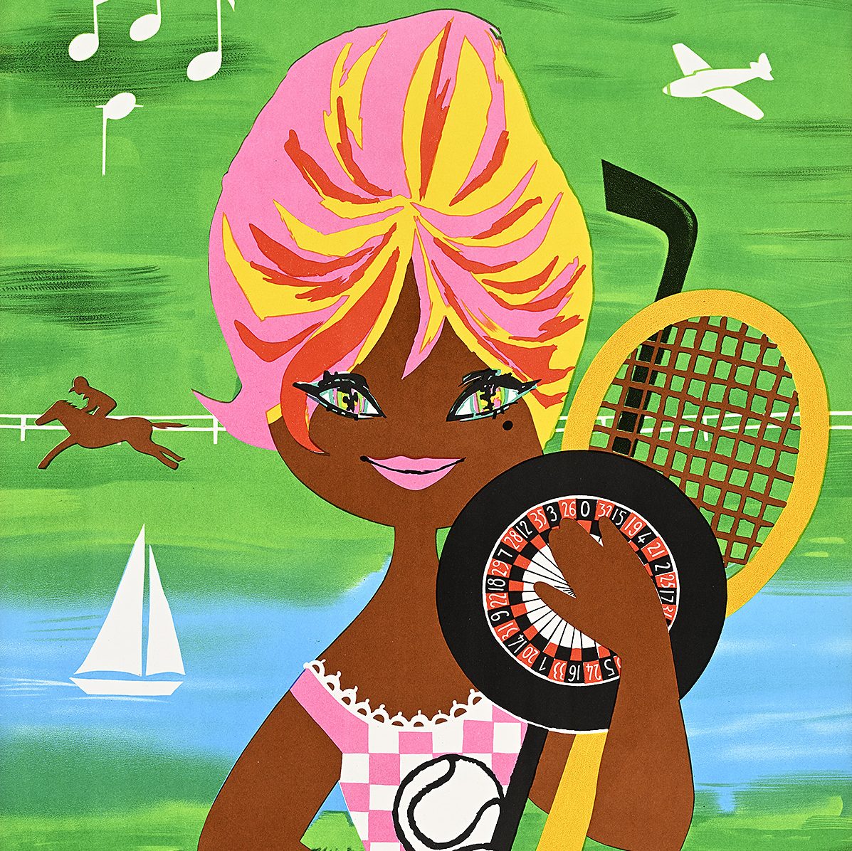 A poster of a cartoon woman with pink hair and a pink gingham dress holding tennis rackets.
