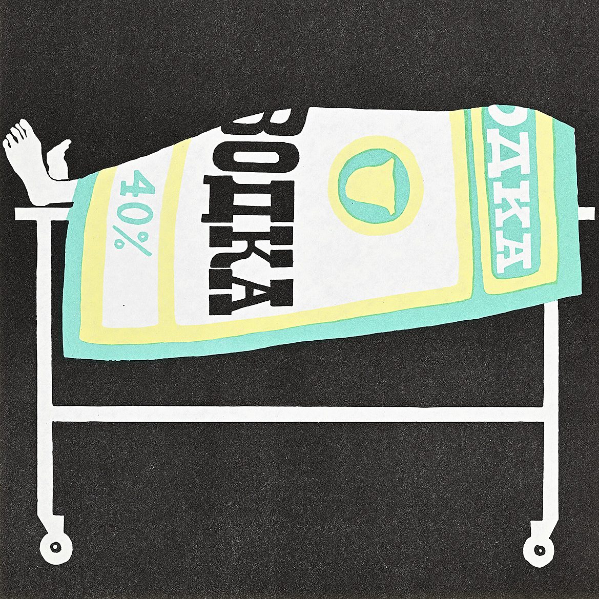 A poster of a sheet with the word Vodka on it covering a body resting on a gurney.