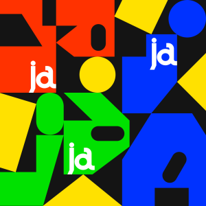 Colorful block letters against a black background that spell out Ja Ja Ja.