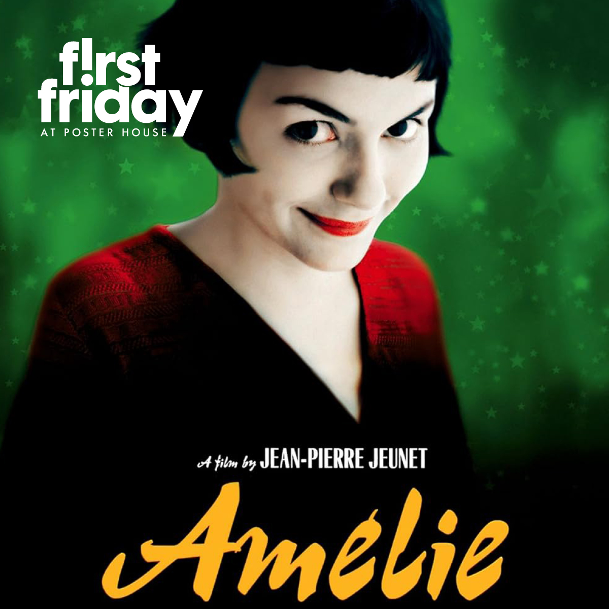 A women with a short bob haircut and a cheeky expression, set against a green background with faint stars.