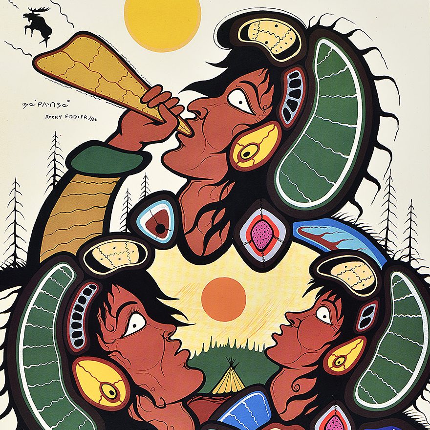 A poster with a colorful illustration of three Native American figures, one blowing a horn.