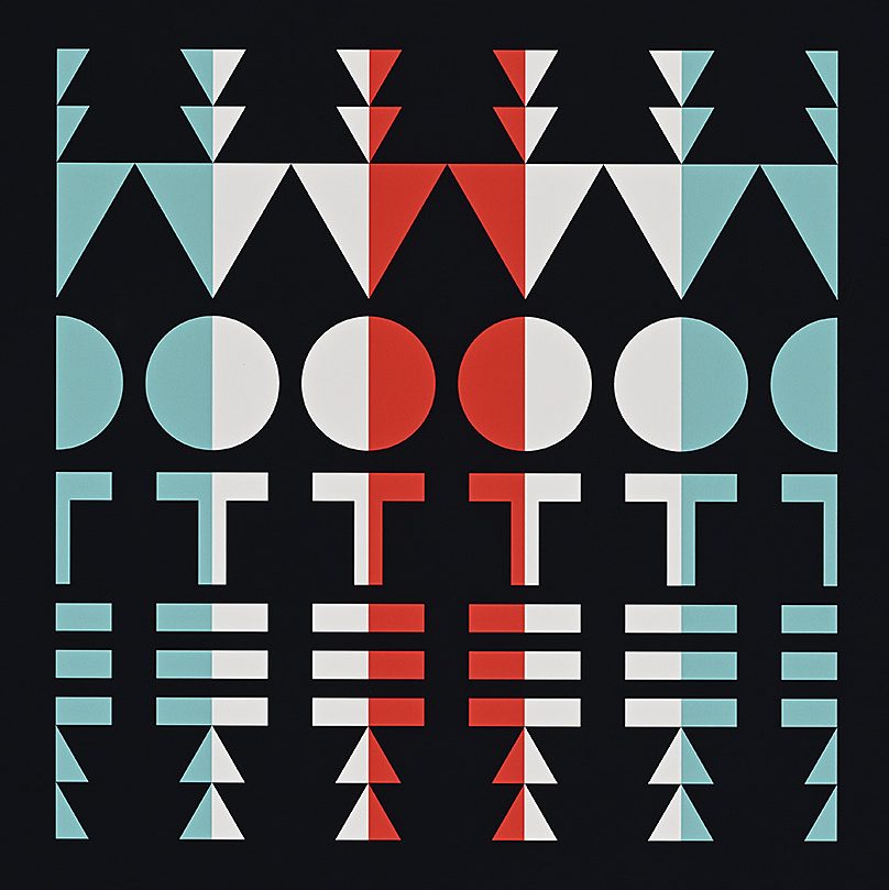 A poster of abstract and geometric shapes arranged in a vertical pattern in red, white, and teal.